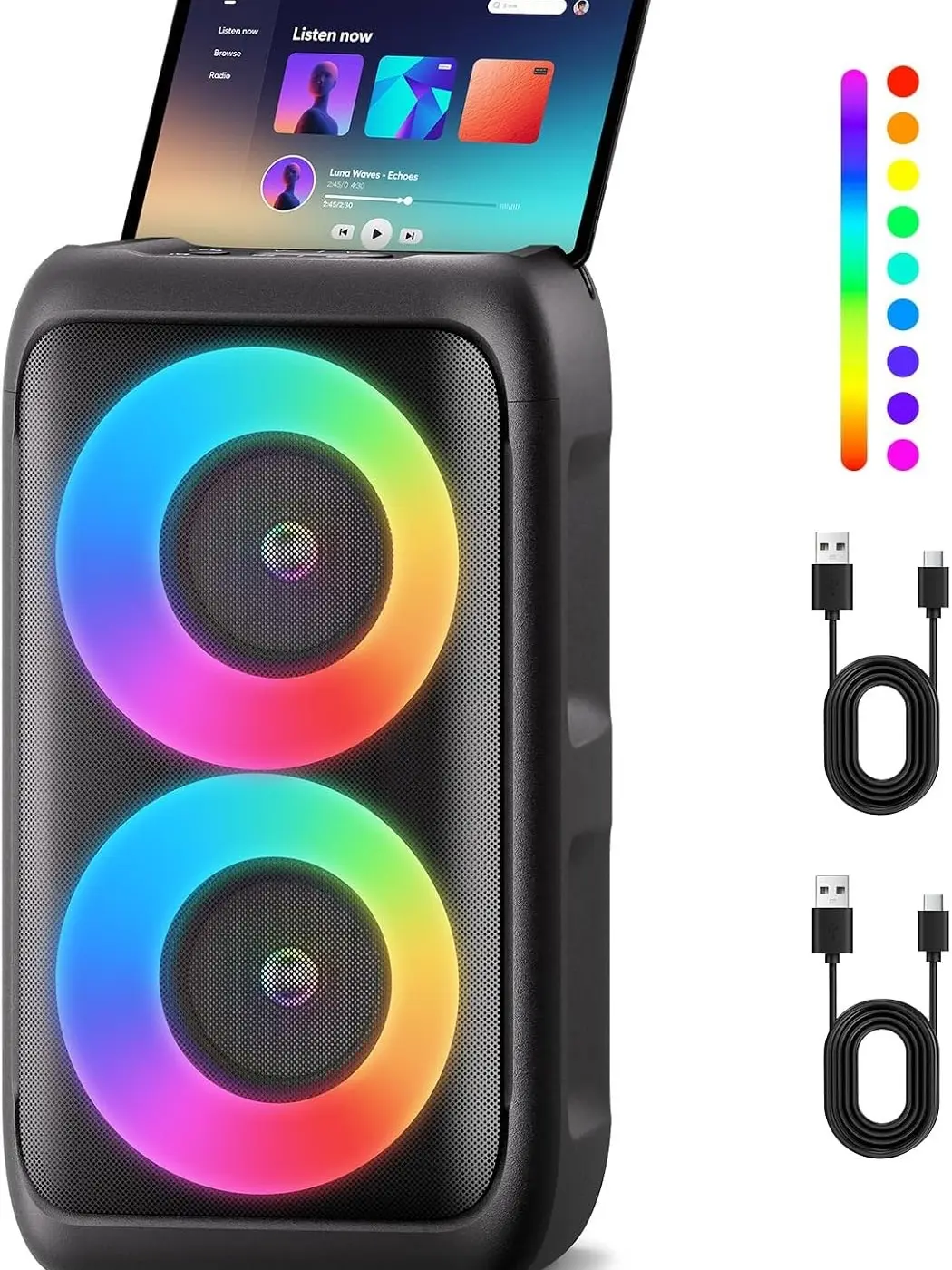 Bluetooth Karaoke Party Speaker with 2 Wireless Microphones, Portable Rechargeable Speaker with LED Lights, TWS/AUX/USB/TF Card for Home Party and Family Singing
