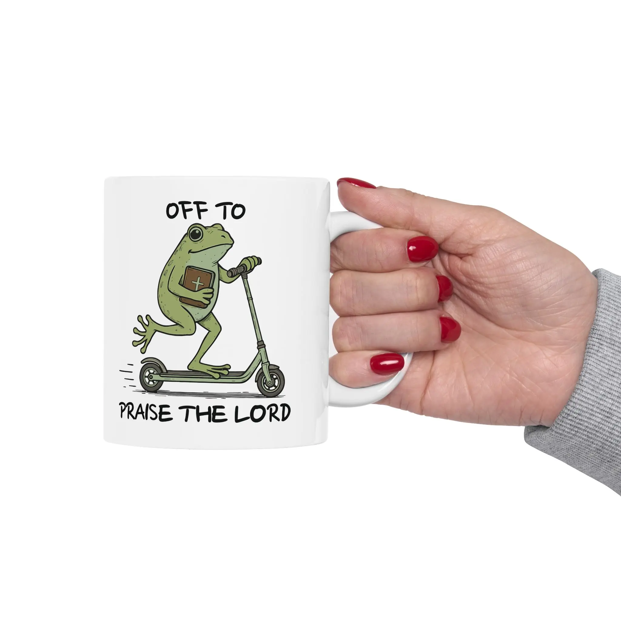 Christian Frog Mug “Off to Praise the Lord” | Funny Faith Coffee Cup | Cute Religious Gift | 11oz Ceramic Mug