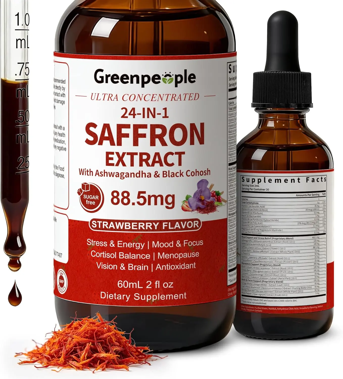 GREENPEOPLE 24-in-1 Saffron Supplements for Women, 2 Oz Strawberry Vegan | 88.5 mg Saffron Extract Liquid Drops with Ashwagandha, Lion's Mane & Black Cohosh for Mood, Focus, Cortisol & Menopause