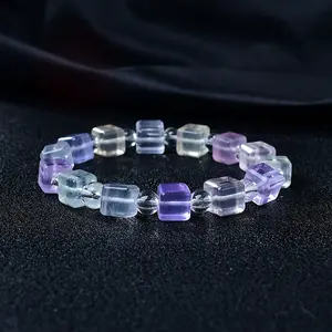 Rainbow Fluorite Sugar Cube Bracelet, Genius Stone for Focus & Clarity, Calming Energy Healing Crystal