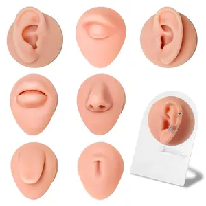 7Pcs Soft Silicone Piercing Body Parts with Display Stand - Realistic Ear, Nose, Lip, Tongue, Eyebrow, Belly Button Model Kit for Tattoo & Piercing Training