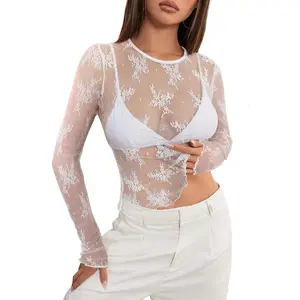 Household daily necessities MEROKEETY Womens 2026 Long Sleeve Lace Sheer Mesh Tops Undershirt Sexy See Through Going Out Crewneck Blouse Shirts Clothes