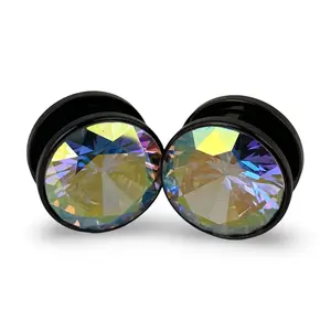 Black Steel Screw on Plugs with Multicolored Press Fit Gem (PS-126) gauges pair body jewelry