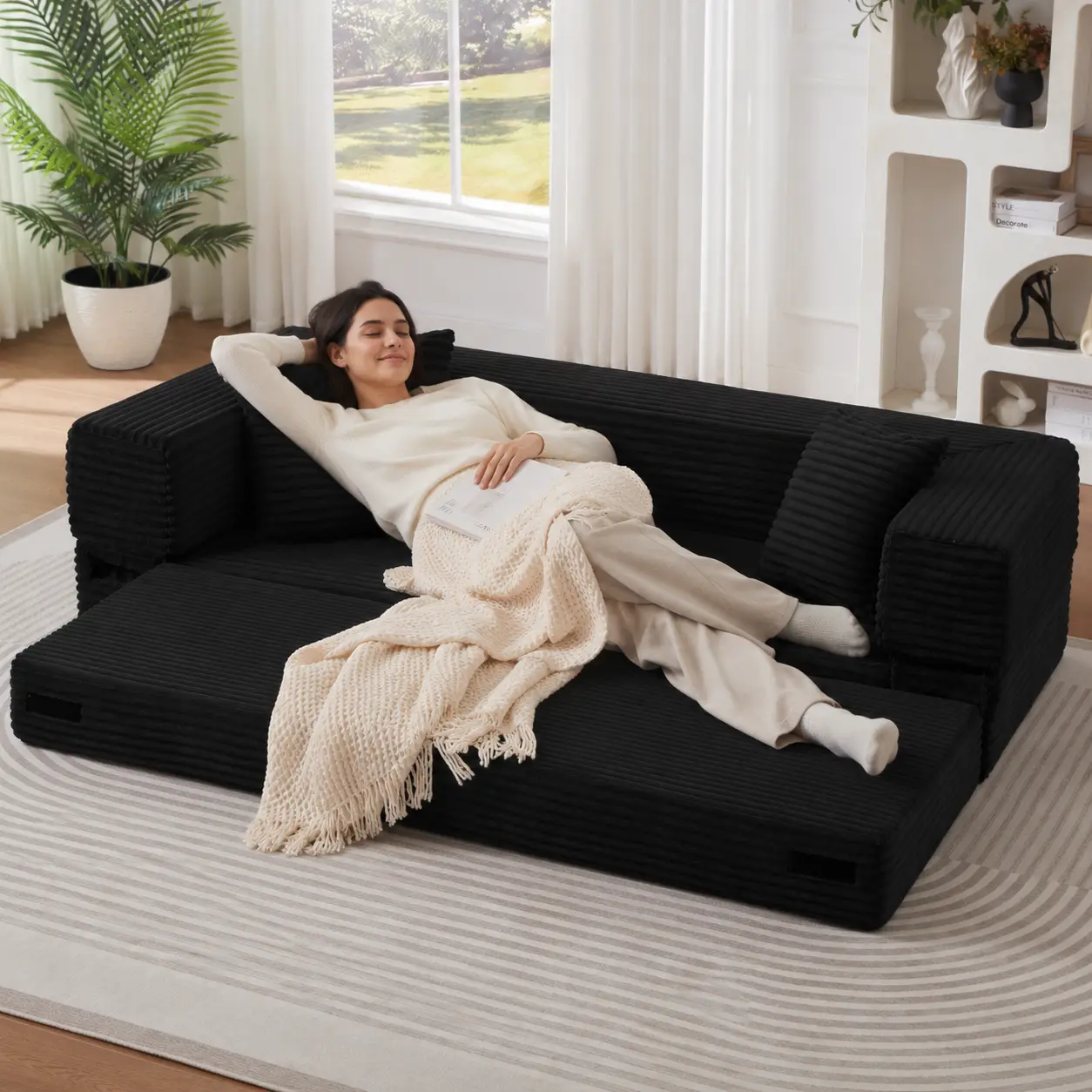 79in Convertible Sofa Bed, Corduroy Boneless Couch Bed, Futon Sleeper Sofa Pull Out Bed, Foldable Couch for Living Room Apartment, No Assembly Required