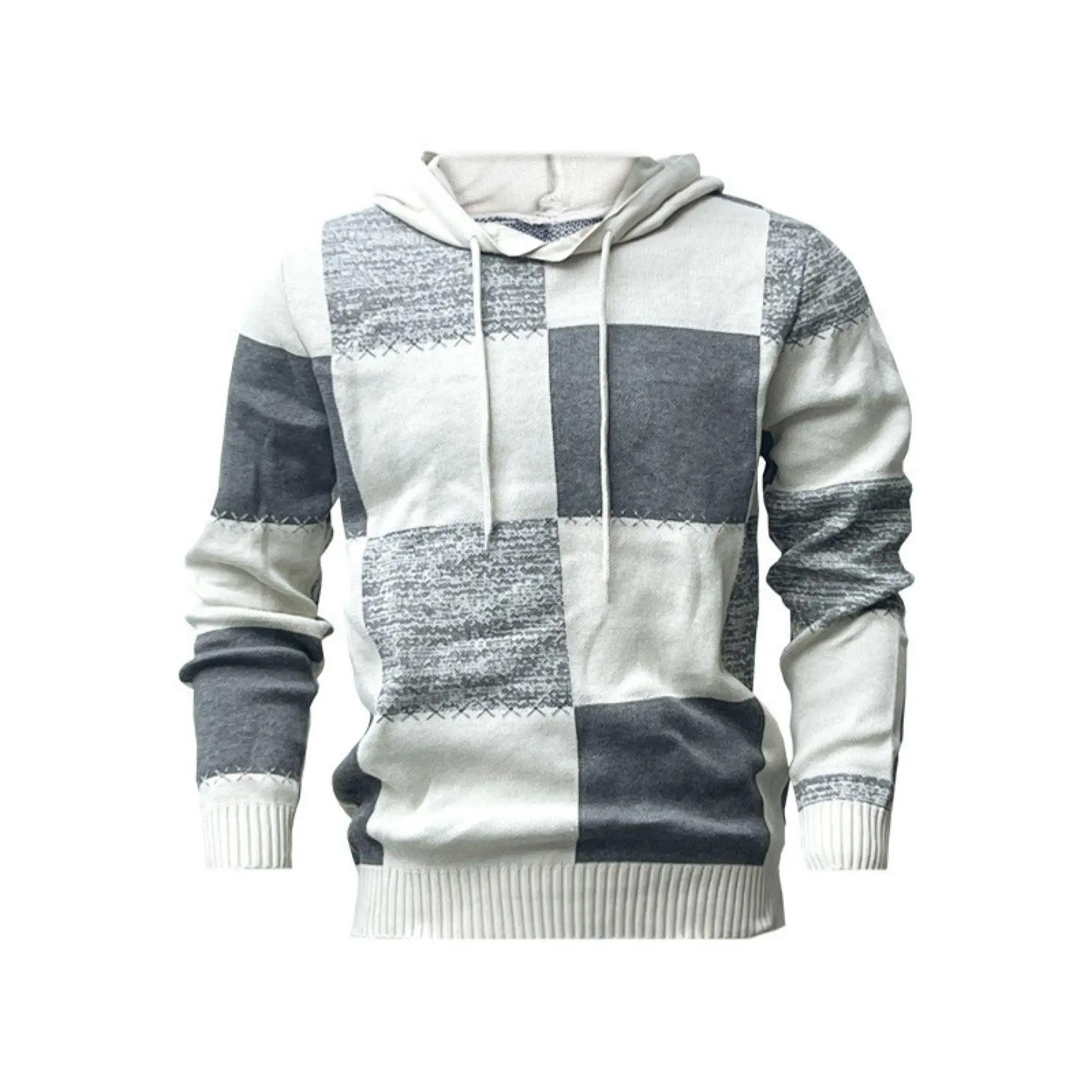 Men’s color-block plaid hooded sweater — loose, casual knit cap jacket with textured plaid pattern