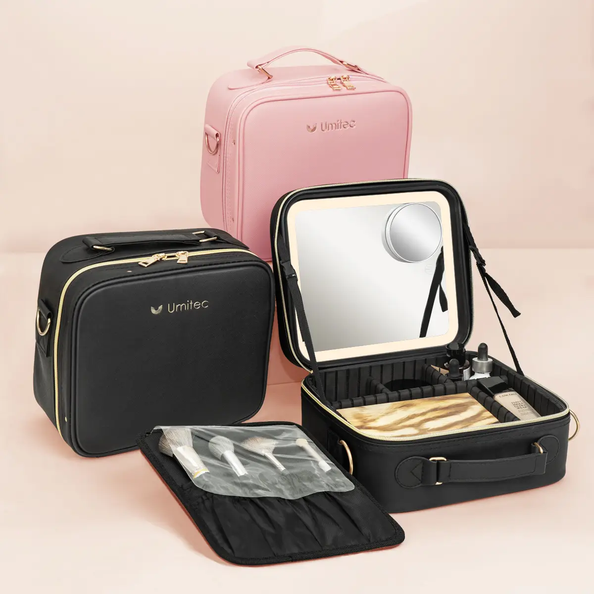 Umitec Portable Makeup Bag with LED Mirror & Adjustable Brightness, Large Capacity Cosmetic Organizer Case with Detachable Storage Box & Brush Bag Wat