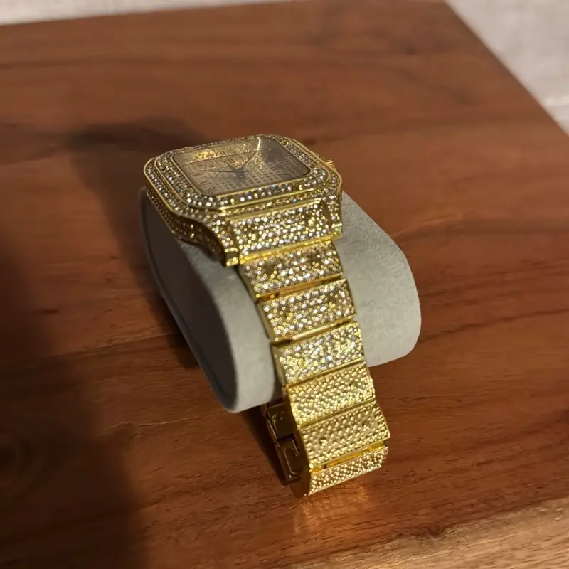 Gold Plated Diamond Watch Iced Out CZ Quartz Roman Numeral Dial 40mm Bracelet Amazon.com: Apzzic Diamond Iced Out moissanite Watch Gold  main image 4