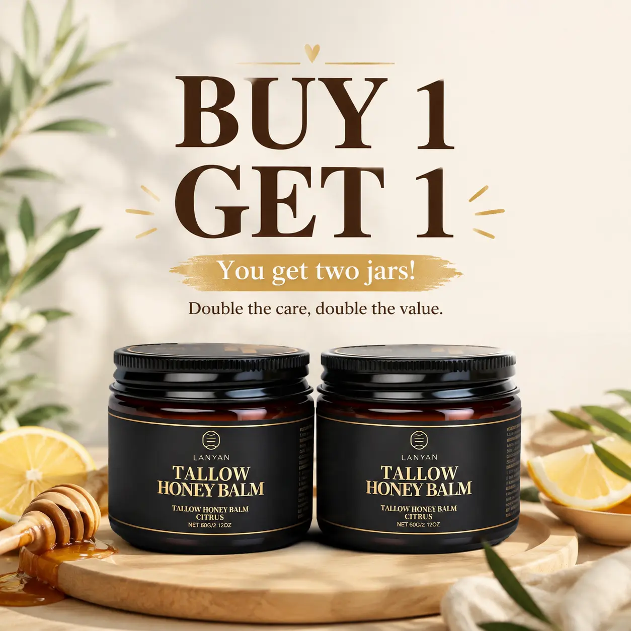 [BOGO FREE] Beef Tallow for Skin, Tallow and Honey Balm, Organic Grass-Fed Beef Tallow for Face with Raw Honey and Beeswax, Body & Face Moisturizer for Dry/Sensitive Skin, Natural Formula, Light Scent