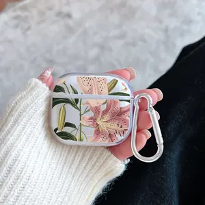 Pink Lily Grace Pattern TPU Soft Protective Case for Apple AirPods 4/3/2/1/Pro/Pro2 Transparent Earphone Cover with Keychain Attachment
