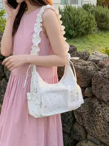 Y2K Aesthetic Starry Cloth Bag | Kawaii Ruffle Strap Shoulder Bag | Trendy Fabric Crossbody with Clear Pocket | Harajuku Style Daily Canvas Purse