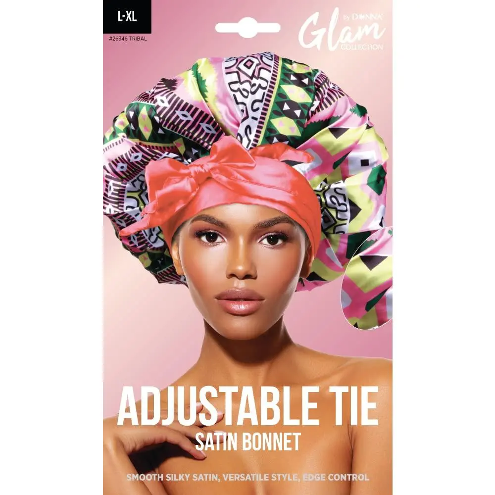 DONNA Large Adjustable Satin Bonnet Sleep Cap with Tribal Pattern and Satin Headband for Hairline
