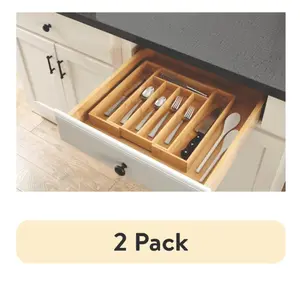 (2 Pack) Natural Bamboo Expandable Silverware Organizer, Adjustable Utensil Drawer Tray for Kitchen