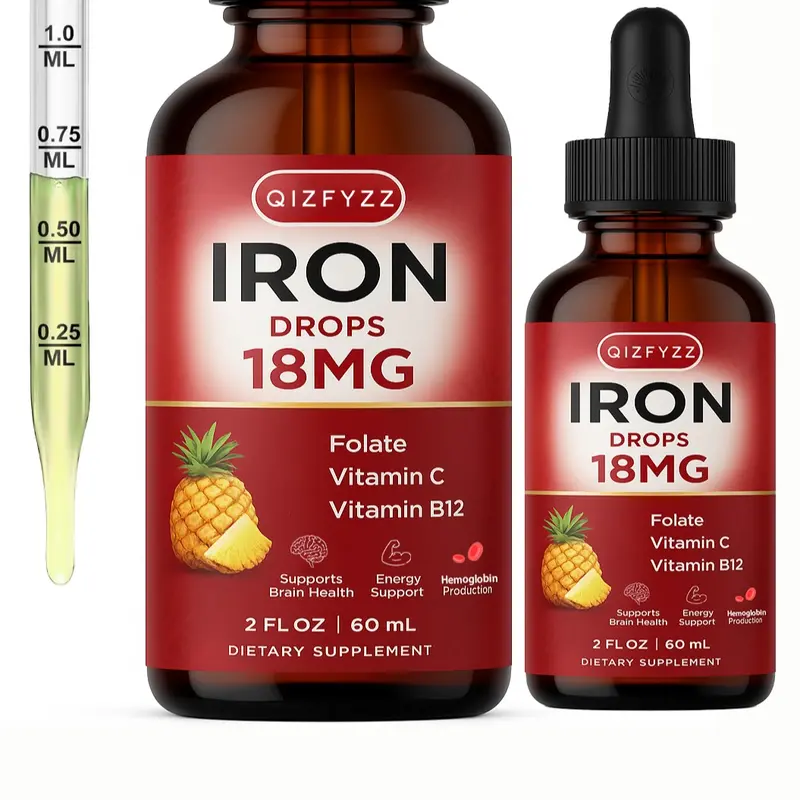 Bioavailable Iron Vitamin Drops Supplement - Pineapple Flavor, 2 Fl Oz, Vegan & Non-GMO, Dairy-Free, Gluten-Free, Folate + B12, Vitamin C, Energy Support, Digestive Health, Anemia Aid for Adults