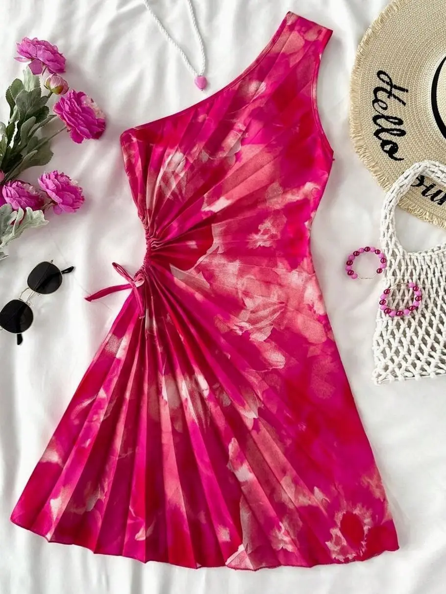 Teen Girls Fuchsia Tie-Dye Bodycon Dress, Tropical Cutout Waist Summer Resort Outfit