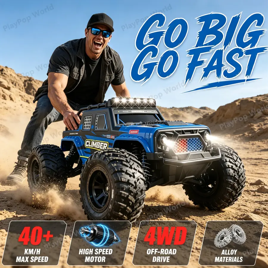 The new model of remote control vehicle in the United States - Monster Off-road Vehicle. It features 2.4GHz anti-interference remote control, double-shell design, and shock-absorbing effect. It has LED double-row taillights and a powerful motor.
