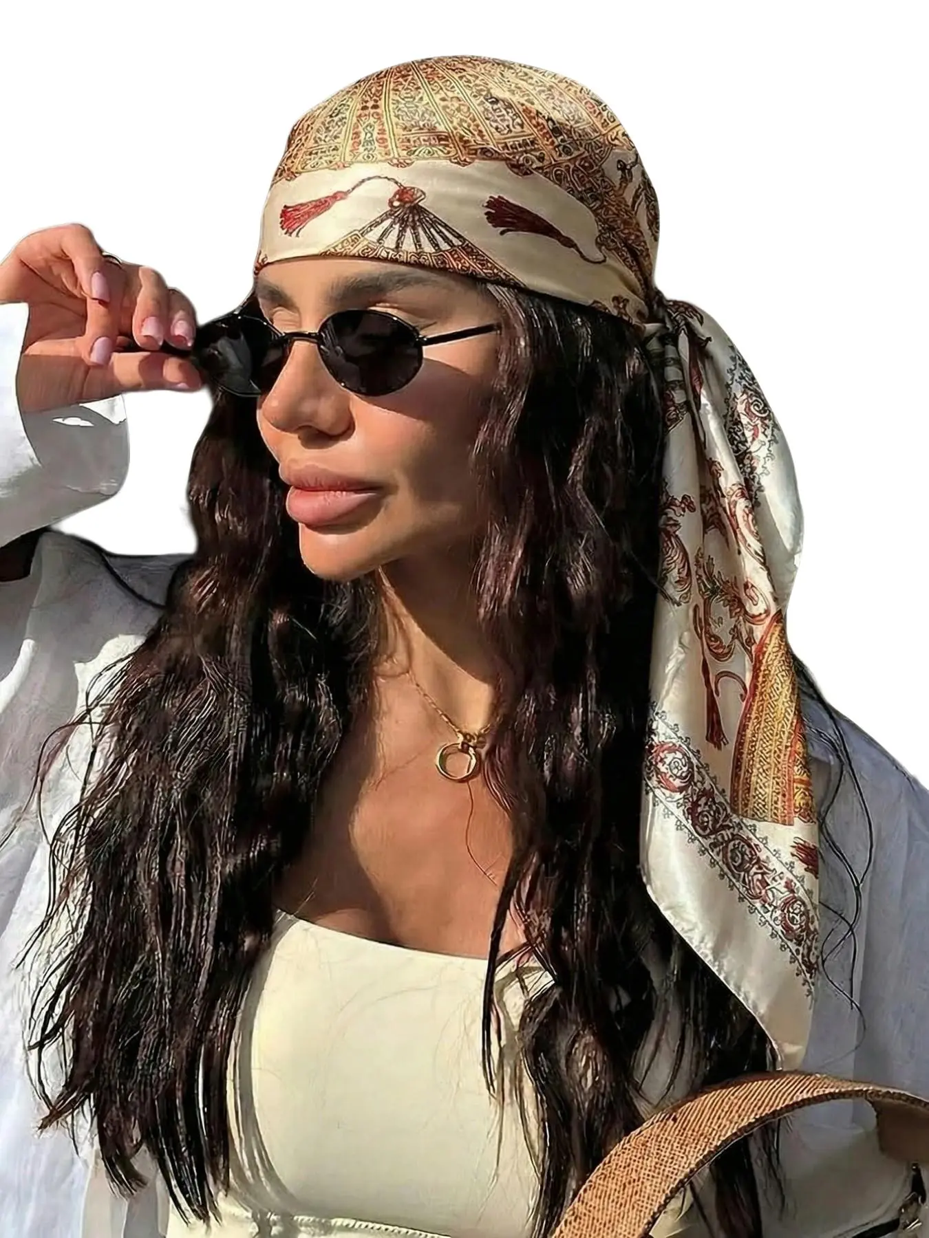 Elegant Women's Ethnic Pattern Satin Scarf, 90cm Square Handkerchief, Windproof Sunscreen, Beach Towel, Fashion Headscarf, Fashion Accessory