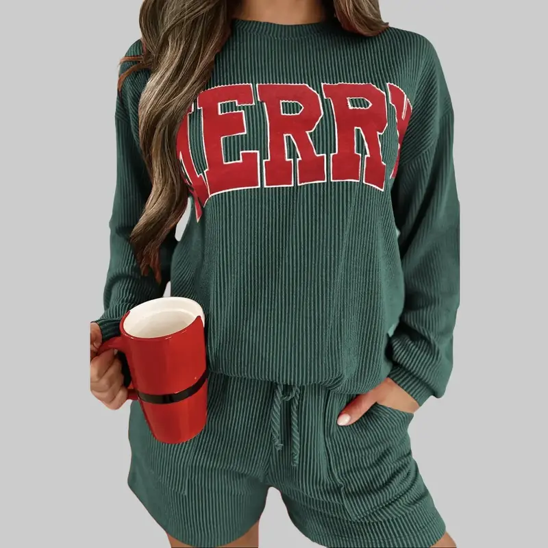 S-4X Evergreen Corded MERRY Graphic Long Sleeve Top and Shorts Set，Women's 2-Piece Casual Longsleeves Top & Short Pajama Set - Racing Red Corded Texture Statement Women's Clothes, MERRY Graphic Christmas Home Nightwear Loungewear