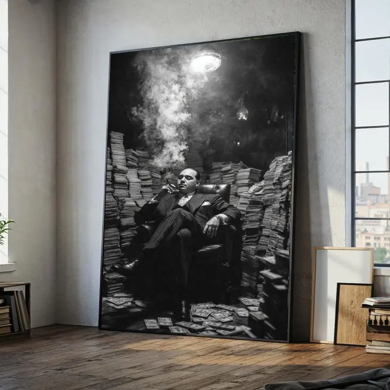 Vintage Mafia Boss Noir Style Wall Art, Classic 1940s Gangster Scene, Dramatic Black and White Portrait
