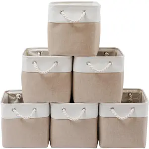 13 x 13inch Cube Storage Box, 6 Extra Large Foldable Fabric Storage Boxes with Rope, Foldable Home Storage Cubes (White and Beige - 13"x13"x13")
