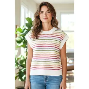 Lady's Cute Striped Multicolor Knitting Top - Women's Casual Round Neck Short-Sleeve Clothes