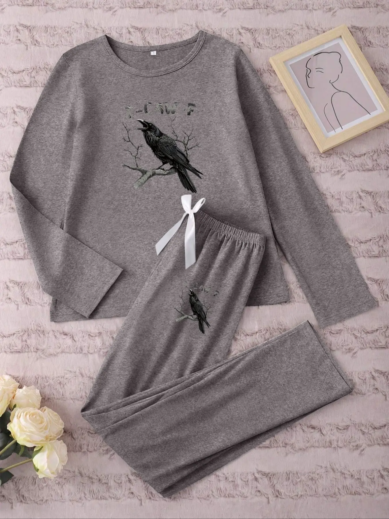 Women's Long Sleeve Sleepwear Set, Raven Letter Print Pajamas, Casual Fitted Nightwear for Spring & Fall, Comfortable Home Wear