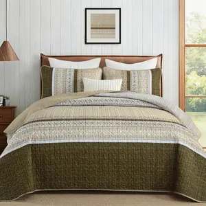 Brown Quilt Set, Soft Striped Texture Queen Bedspread 3 Pieces, Lightweight Microfiber Boho Coverlet Bedding Set for Men Women 96"x90"