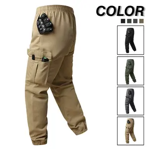 Men’s basic solid-color casual cargo jogger pants with multiple pockets, side pockets, and an elastic waistband; suitable for hiking, camping, running, sports, cycling, and other outdoor activities; no back pockets.