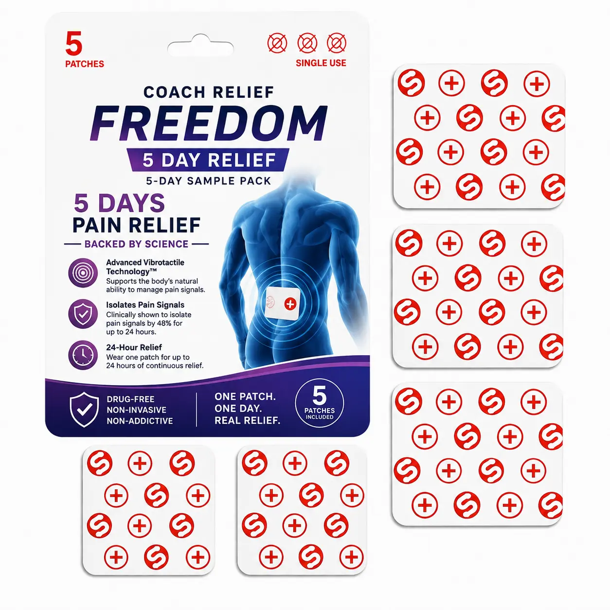CoachRelief Freedom From Pain Signals Patch Pick 5 or 10 Day Sample Pack, Last 24 hours Helping to calm Nerves and giving you Natural Relief Acrylic Gentle