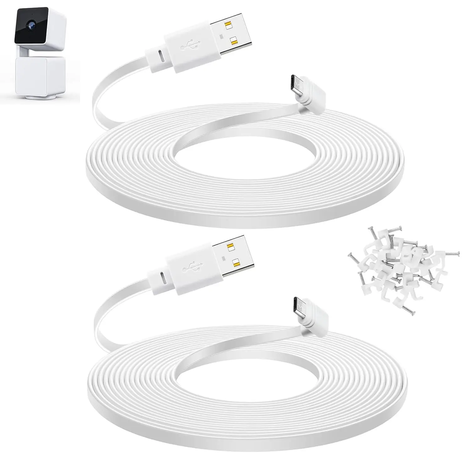 10 ft  for  Cam Pan v3 Camera, Long  USB Flat Power Cord, 90  2-Pack, White