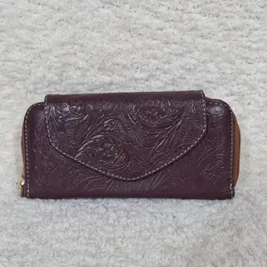 Burgundy Floral Embossed Leather Flap Closure Wallet