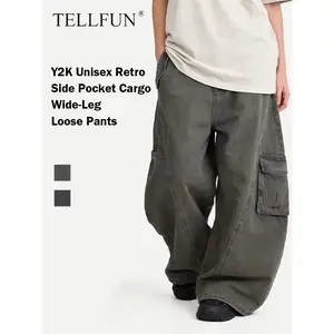 TELLFUN- Y2K Vintage Multi-Pocket Baggy Cargos | Unisex Curved Wide Leg Pants shorts summer work