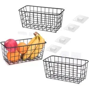Adhesive Sturdy Small Wire Storage Baskets with Kitchen  Pantry Bathroom Shelf Storage No Drilling Wall Mounted,3 PACK,Black