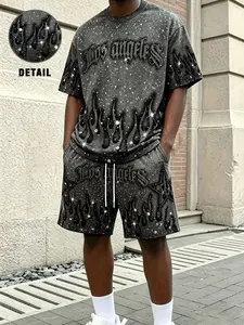 🔥 Rhinestone Flame Los Angeles Two-Piece Set | Loose T-Shirt and Shorts Set, Y2K Street Style, Shiny Sequins, Graphic, Hip-Hop Summer OOTD, Loose Casual Sportswear for Men, Trendy TikTok Style