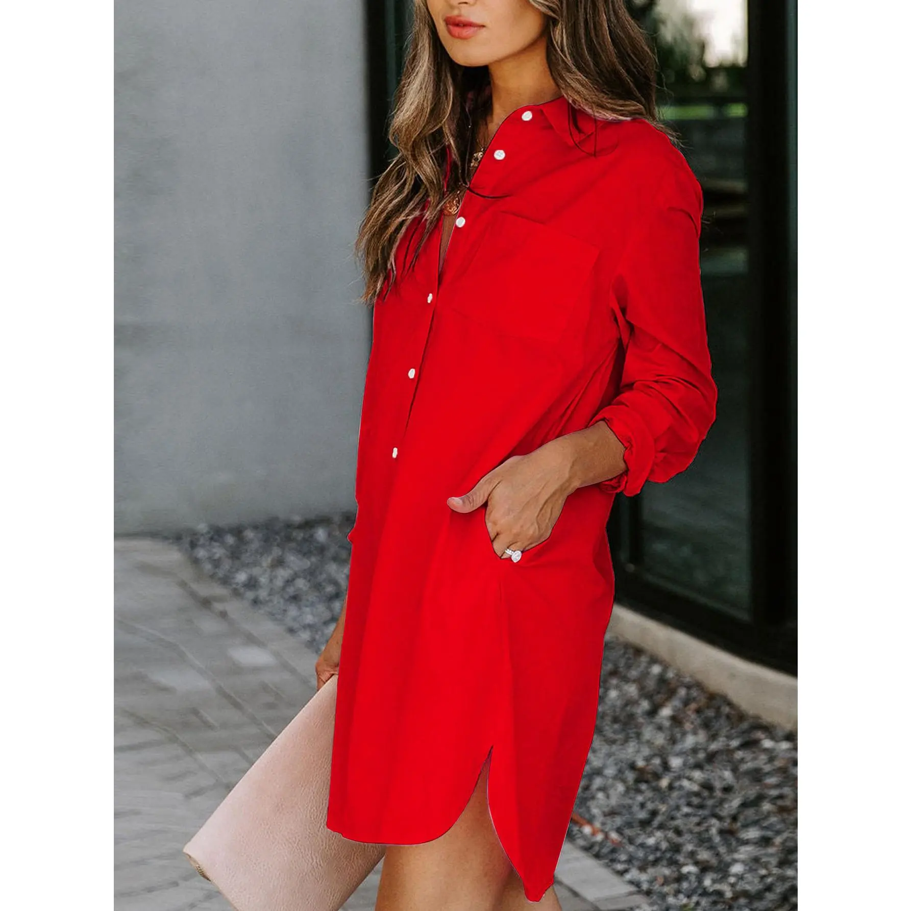 Women's Red Button-Up Shirt Dress with Pockets - Long Sleeve V-Neck Casual  Tunic Top, Solid
