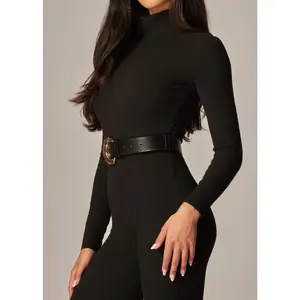 AVANI BLACK SLIM FIT RIBBED MOCK NECK BELTED CATSUIT JUMPSUIT