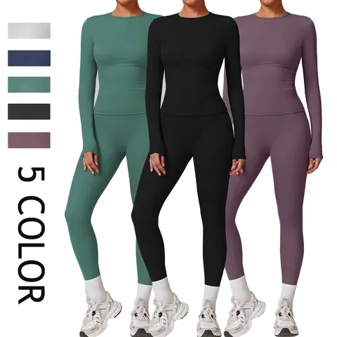 Kabuer Women's 2-Piece Yoga Pants Set - Slim-Fit Long-Sleeved T-Shirt, High-Waisted Above-Ankle Nylon Blend Leggings, Quick-Dry, Medium-Stretch All-Season Gym Workout Athleisure Matching Sets for Women