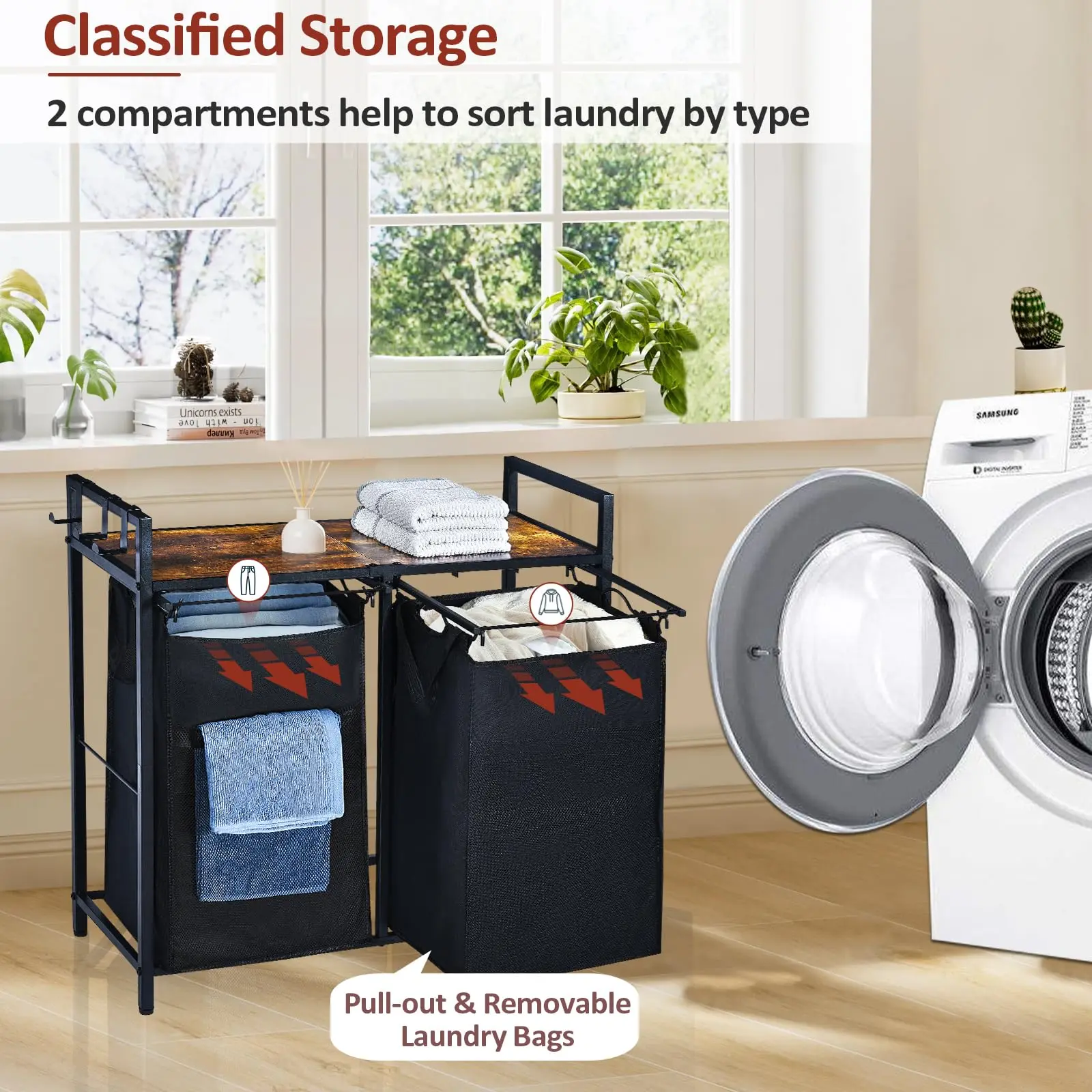 Edergoo Laundry Sorter with Upgraded Pull-Out & Removable Laundry Bag, Laundry Basket, Laundry Hamper 2 Section, Large Double Laundry Hamper with Shelf, Clothes Hampers for Laundry Organization