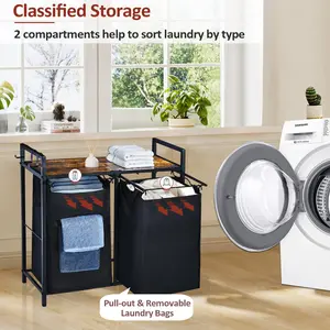 Edergoo Laundry Sorter with Upgraded Pull-Out & Removable Laundry Bag, Laundry Basket, Laundry Hamper 2 Section, Large Double Laundry Hamper with Shelf, Clothes Hampers for Laundry Organization