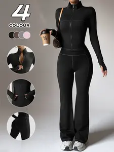 Women's Sportswear Set Sweat Suit Workout Sets Long Sleeve Zipper Shapewear High Waist Butt Lifting Flare Pants Suitable for Fitness Outdoor Casual Home Office