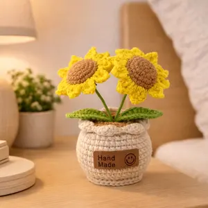 Crochet Sunflower Potted Plant, Knitted Fake Sunflower for Bathroom Home Kitchen, Rustic Table Centerpiece Shelf Decor, Friendship Gifts for Women, Artificial Sunflower