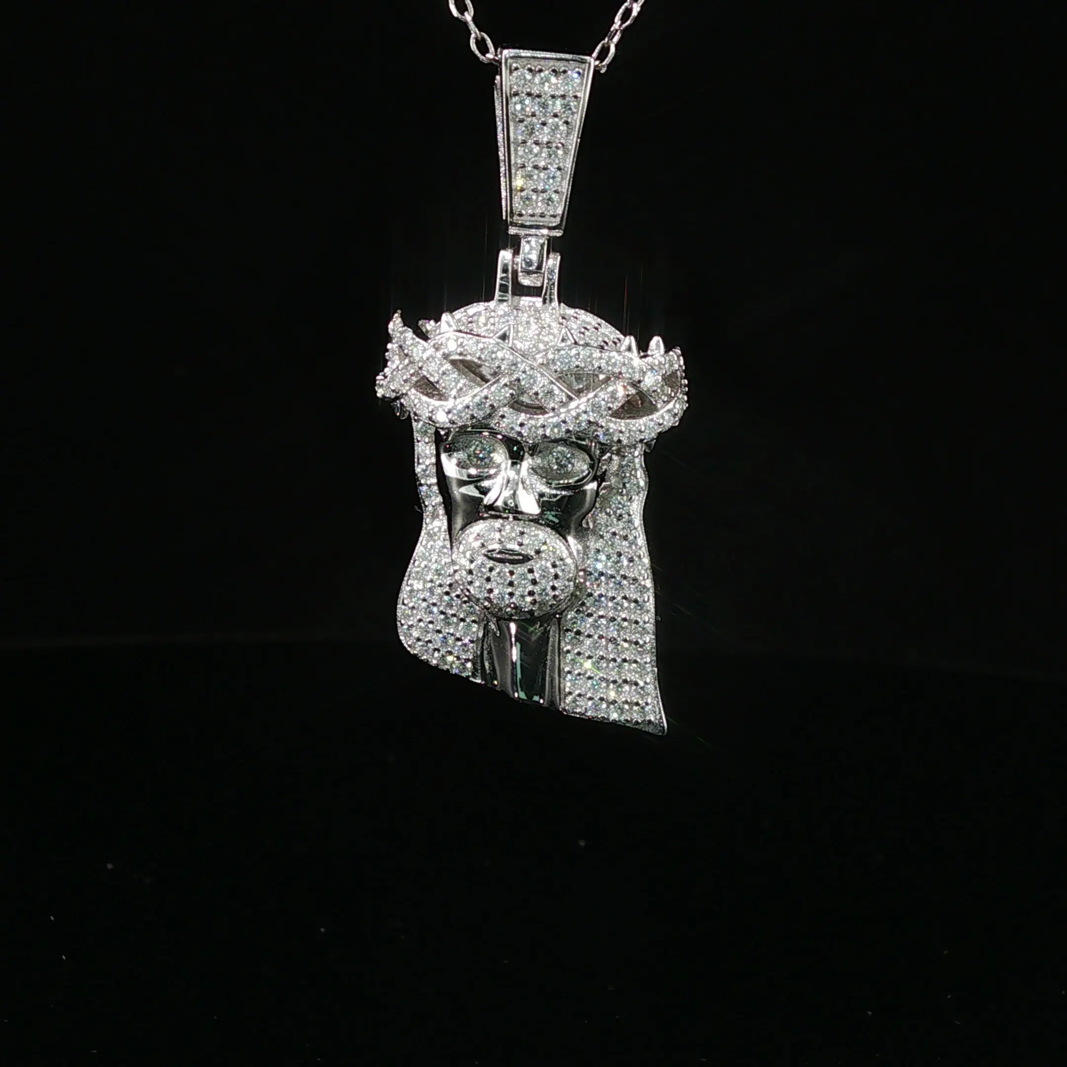 925 Sterling Silver Jesus Head Pendant with Hand Set 0.96Ctw Moissanite Stones - Available in Silver, Gold Finishes, Hand Set Stones