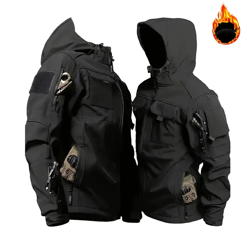 100% polyester fleece hooded tactical jacket with multiple pockets — outdoor waterproof, windproof, warm workwear jacket for men; softshell fleece hooded jacket; 100% polyester, wear-resistant, waterproof, windproof, multifunctional warm outdoor commuter