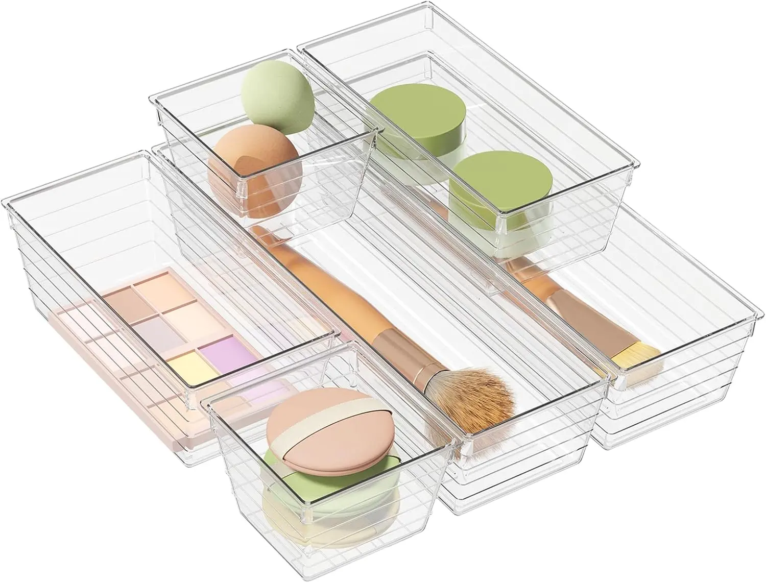 6 Pack Clear Drawer Organizer, Multi-Size Storage Bins | Makeup, Cosmetics & Utensils | Drawer Tray set | Customizable Layout | Easy to Clean