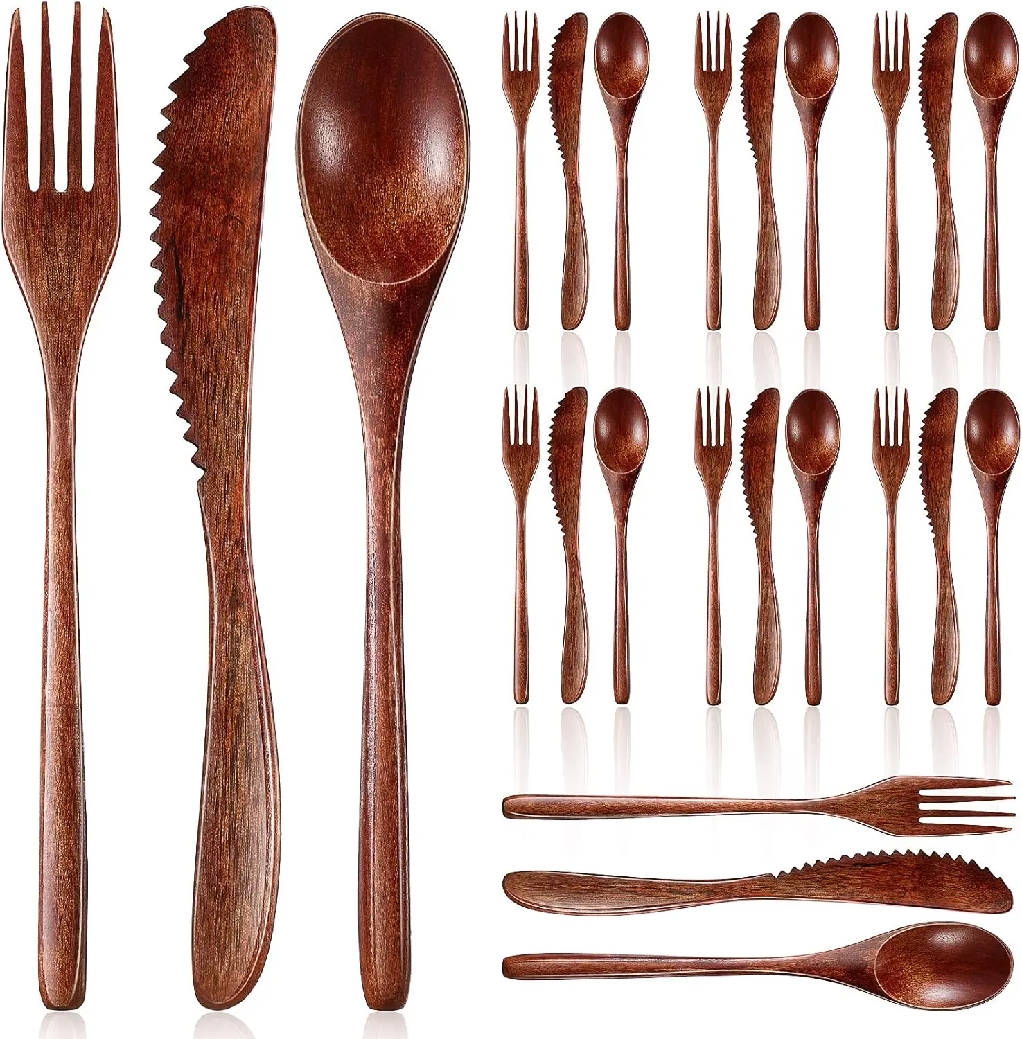 24-Piece Lightweight Natural Bamboo Eating Utensils Set - Spoon, Fork, Knife Cutlery, Smooth-Finish Reusable Wood Flatware for Home, Camping - Eco-Friendly Disposable Alternative Tableware Kit