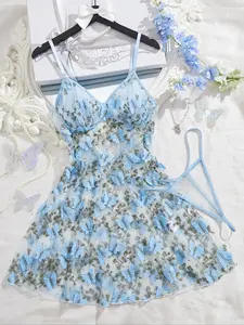 Women's Butterfly Embroidery Cami Dress & Thong Sexy Feminine Underwear Set,  Nightgown  & Panty, Soft Comfy Breathable Lingerie Set for Women Nightwear