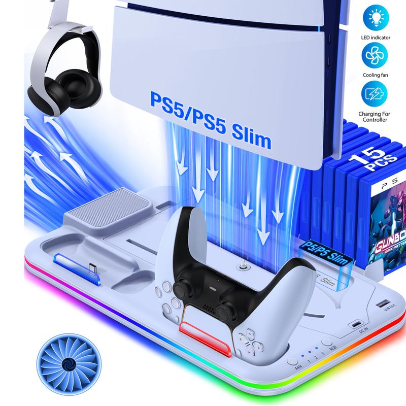 Kydlan PS5 Slim Stand and Turbo Cooling Station with Controller Charging Station for Playsation 5, PS5 Accessories Kits Incl. 3 Levels Cooling Fan, LED Light, 15 Game Slot, Headset Holder for PS5 Digital/Disc