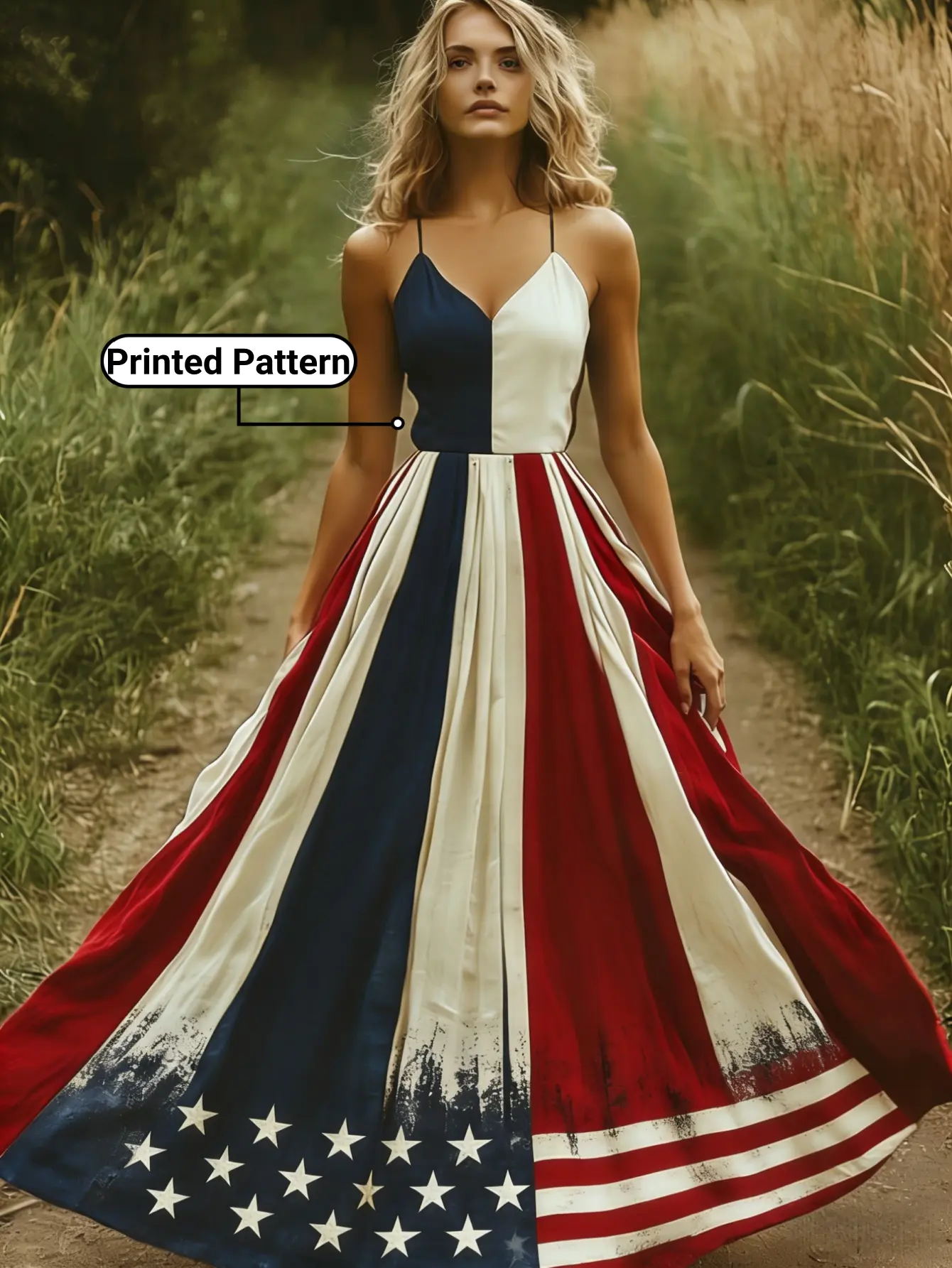 Women’s Independence Day Print A-Line Spaghetti Strap Midi Dress with Waist Definition and Padding — Elegant