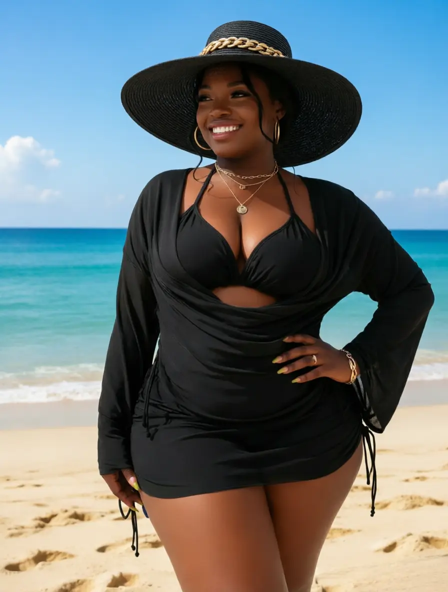 Women's Plus Size 4 Pieces Curvy Beach Swimsuit, Black Draped Cover Up Bikini Set, Long Sleeve Side Drawstring  for Beach Vacations, Pool Parties, Cruise Trips