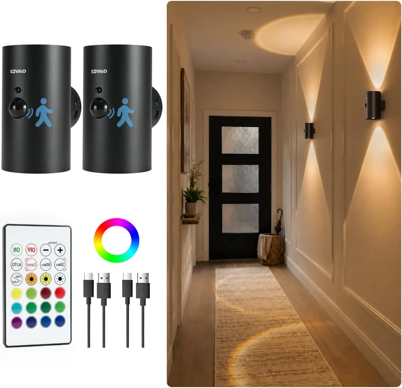 EZVALO Motion Sensor Wall Lights, Rechargeable Battery Operated LED Wall Sconce with Remote, 3 Color Temps & RGB, Peel and Stick Wall Lamps for Hallway, Stairway, Living Room (2 Pack, Black)