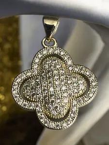 Clover With Paved  Cz Stones 14k Gold Electroplated Pendant